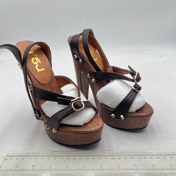 FSJ Brown Open Toe Triple Buckle Straps Clog Heels Studded Platform Sandals - Picture 4 of 8